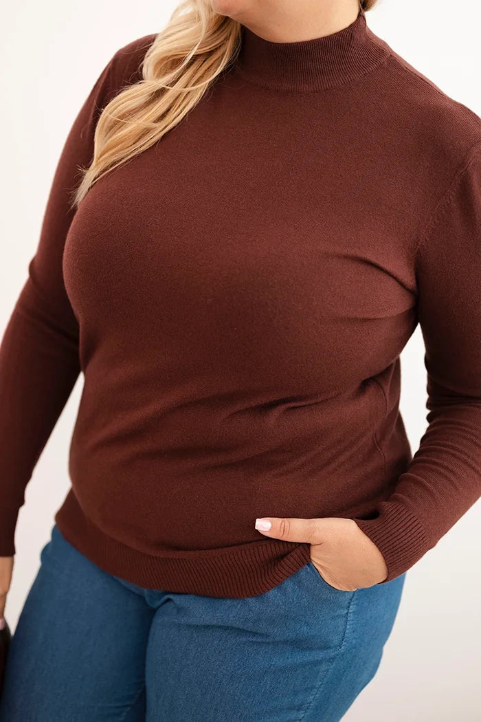 Dámsky sveter Plus Size z viskózy s rolákom hnedý univerzálne