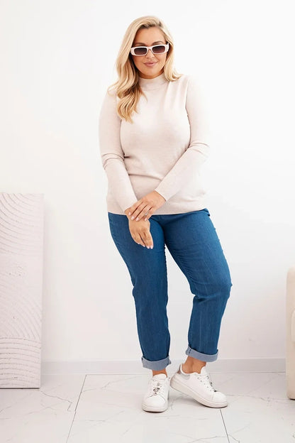 Dámsky sveter Plus Size z viskózy s golierom béžový univerzálne
