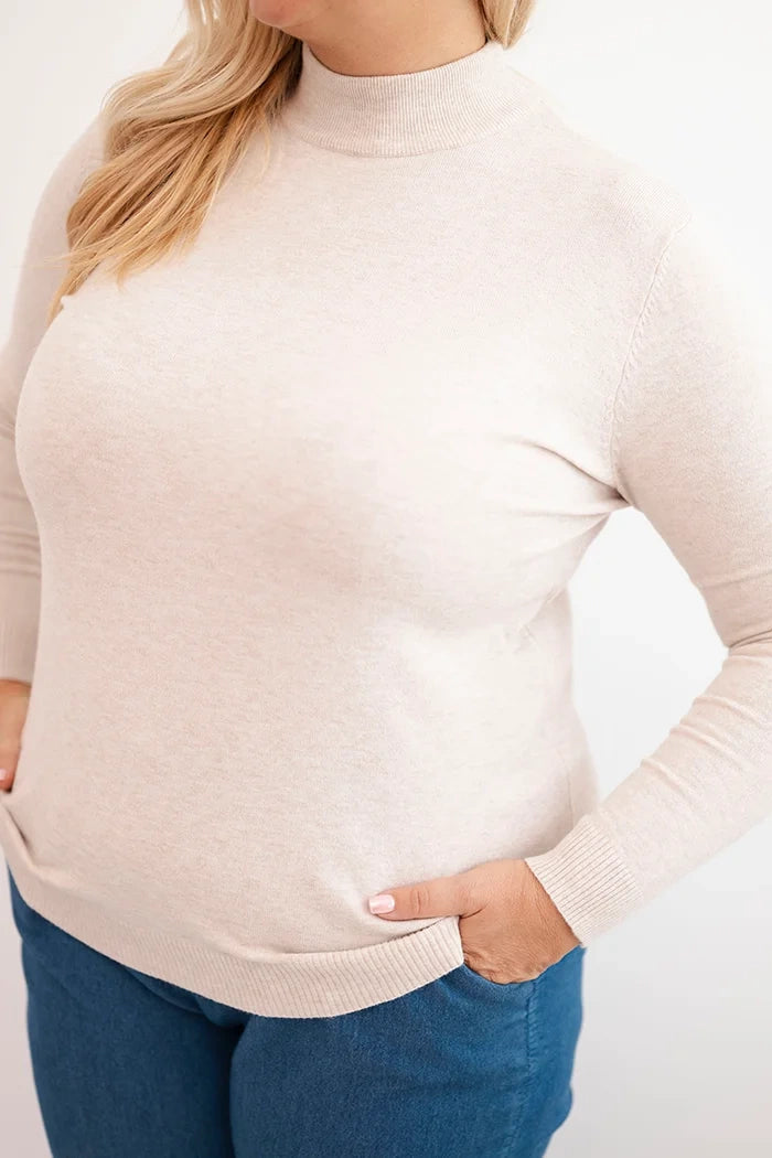 Dámsky sveter Plus Size z viskózy s golierom béžový univerzálne