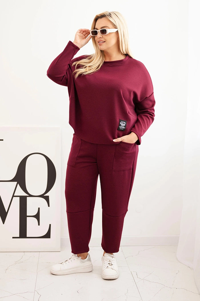 Komplet dámsky Plus Size maslová mikina a nohavice s vreckami slivkový univerzálne