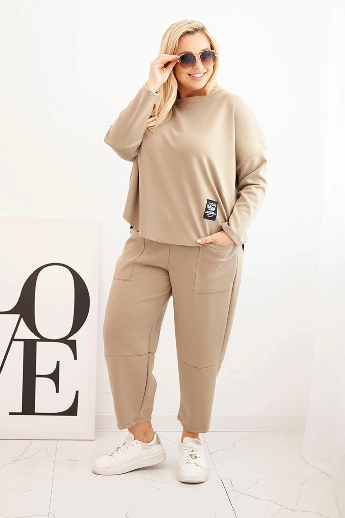 Komplet dámsky Plus Size maslo mikina a nohavice s vreckami fango univerzálne