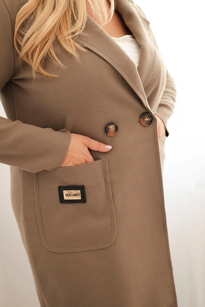 Elegantný dámsky kabát Plus Size s golierom a veľkými vreckami fango univerzálne